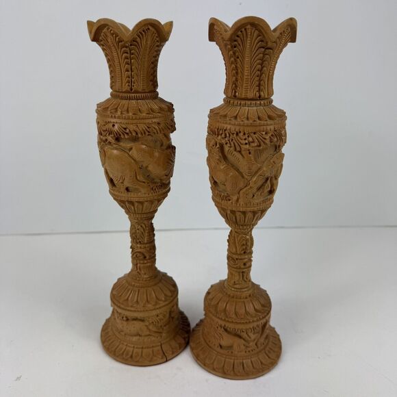 Pair Hand Carved Wooden Flower Vintage Vase Elephant Lion Home Garden Decor Art - Picture 2 of 10